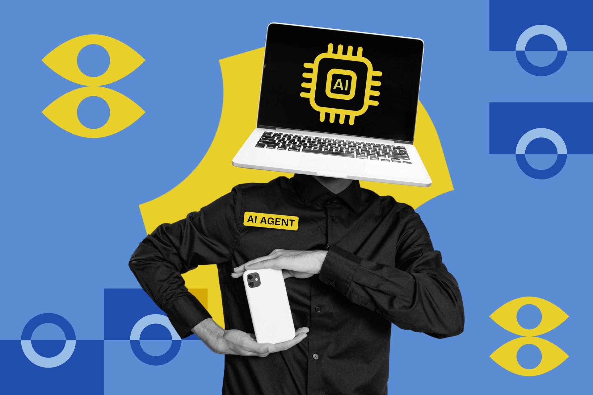 AI agent with a laptop head with AI chip icon, holding smartphone