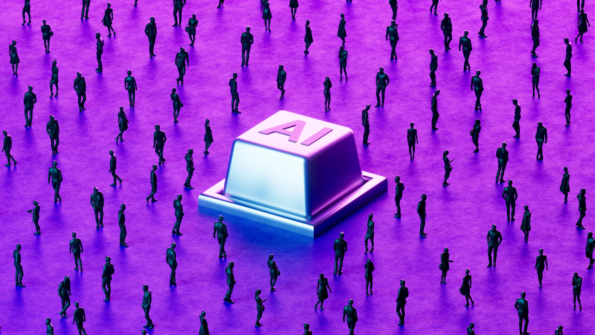 An Old AI Computer Key with Business Crowd on Futuristic Neon Background