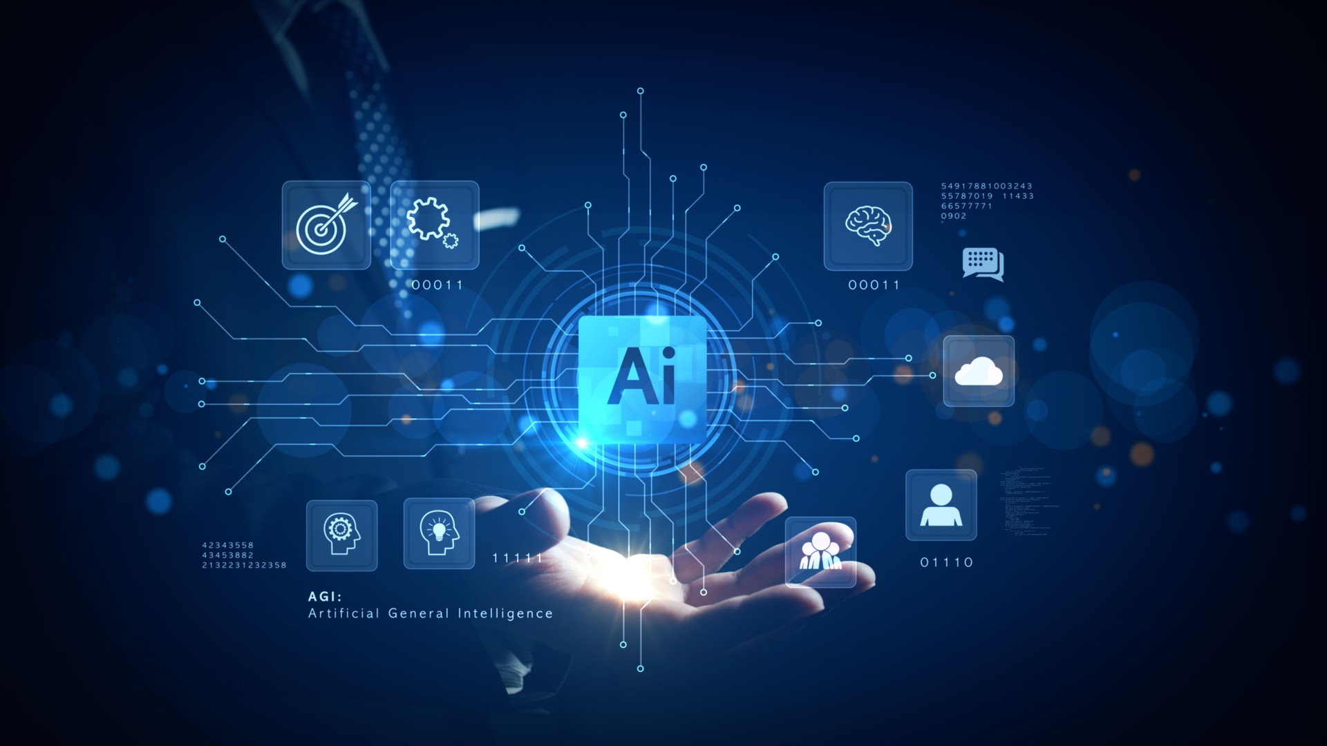 Futuristic AI interface with icons of machine learning, cloud, brain, and network above a businessman's hand, illustrating AGI and digital intelligence. 3d Rendering